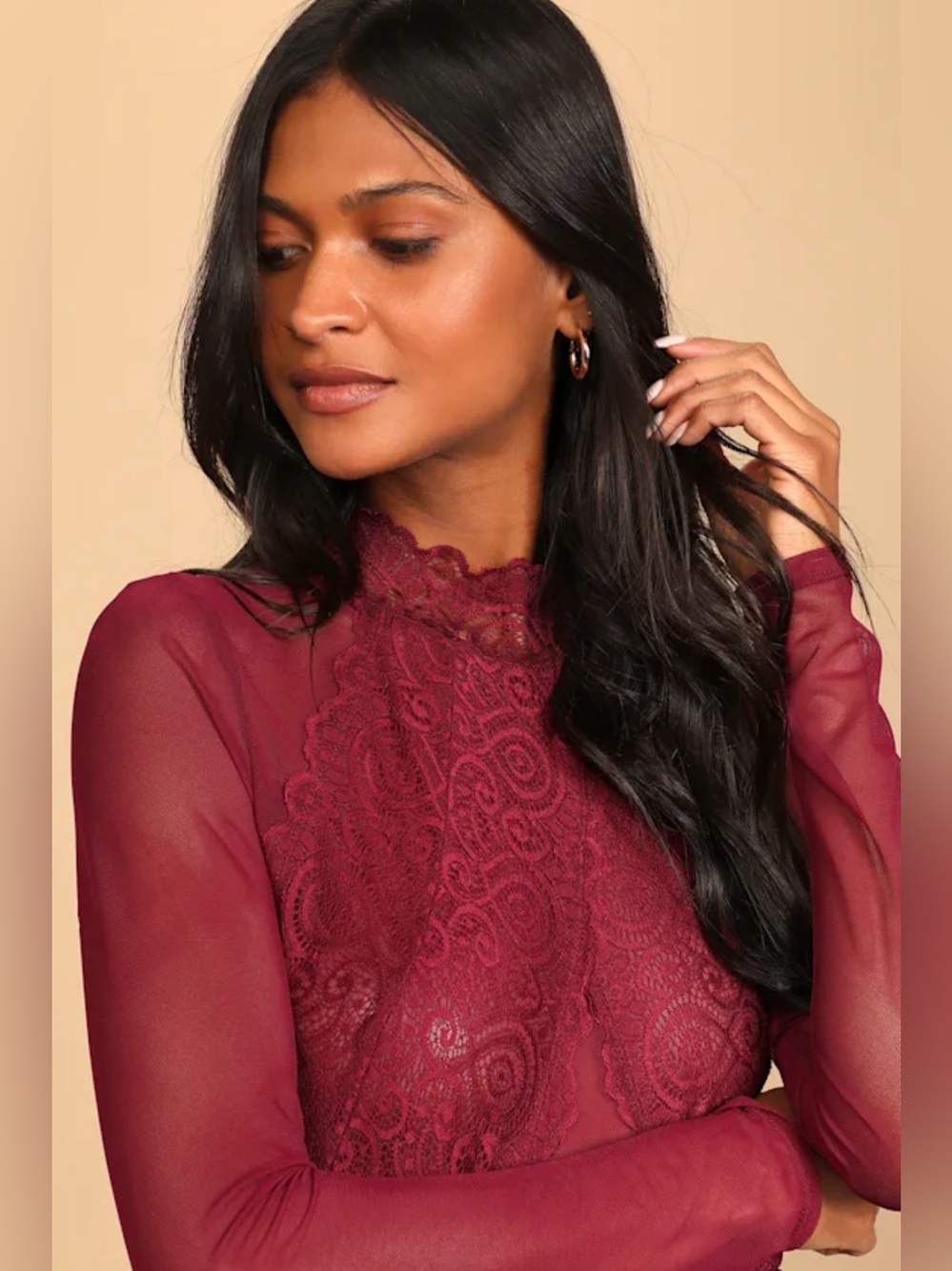 NWOT Lulu's Show Stopping Burgundy Sheer Lace Long Sleeve Bodysuit - Picture 3 of 9